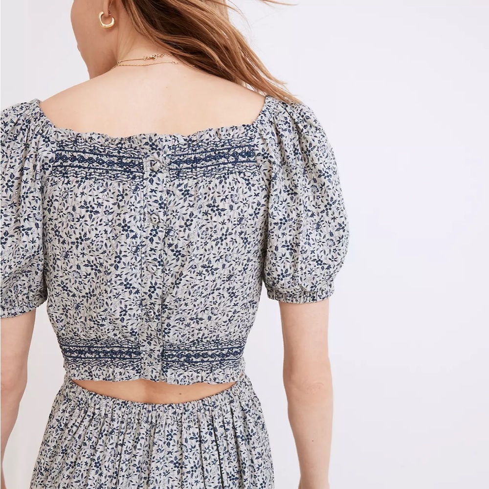 Madewell Blue Floral Puff-Sleeve Crop Top - Picture 2 of 7